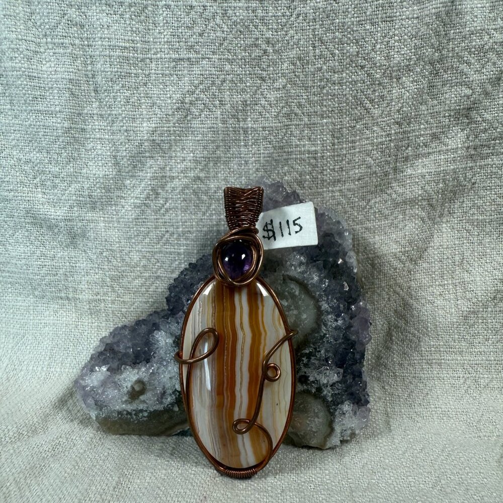 Handmade Copper Wire Wrapped Banded Agate & Amethyst Gemstone Pendant